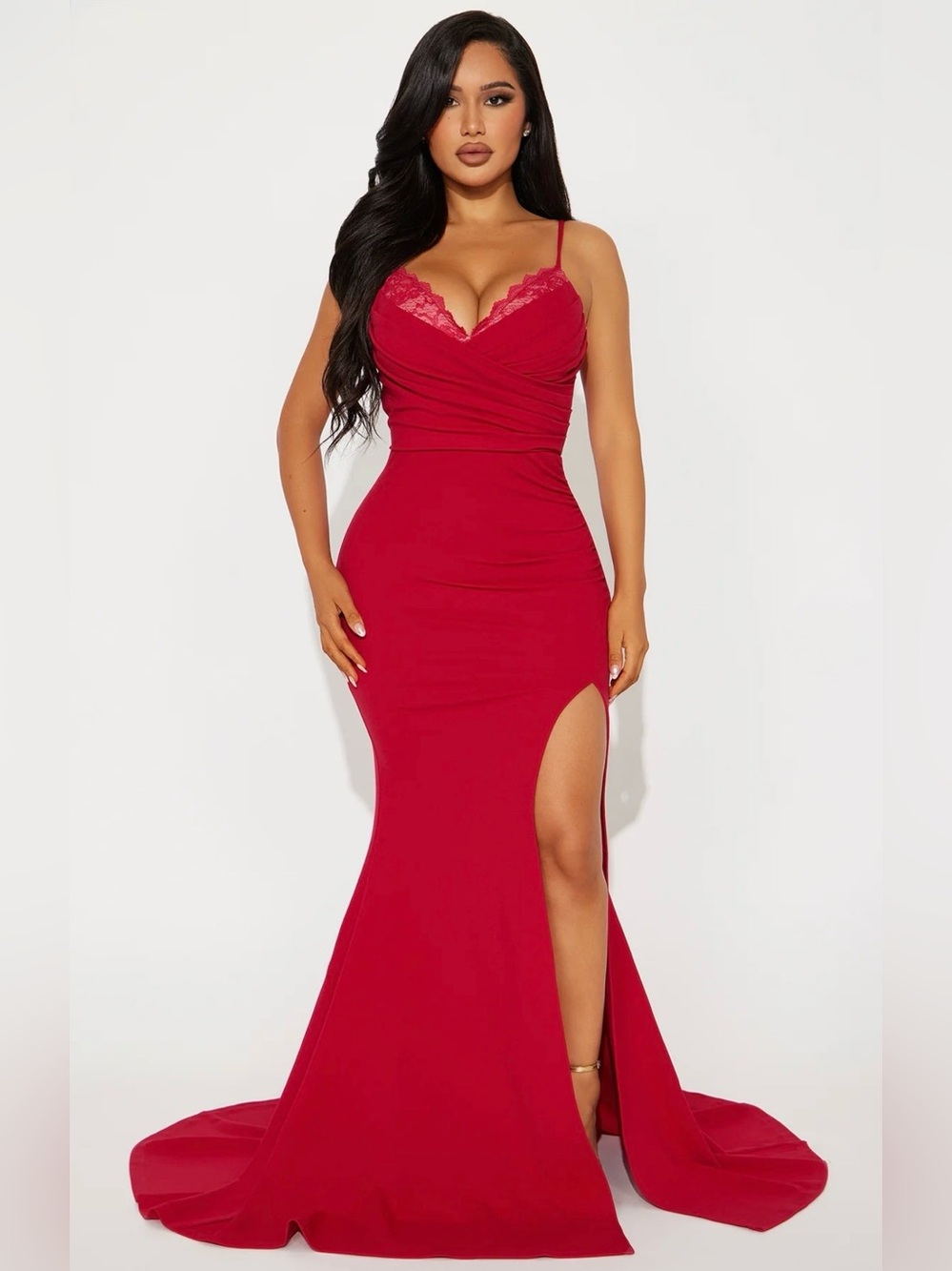 Fashion Nova Crimson Lace-Trim Maxi Gown with Side Slit